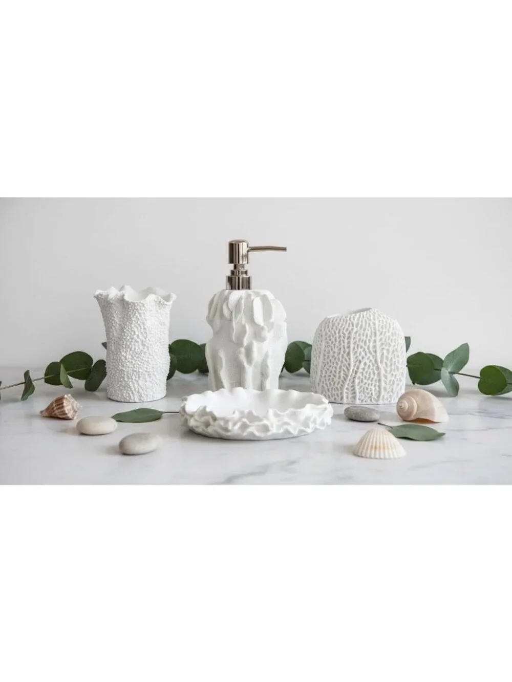 Coral Seashell Bathroom Accessories Set - 4 Pcs Resin Decor for Farmhouse Style